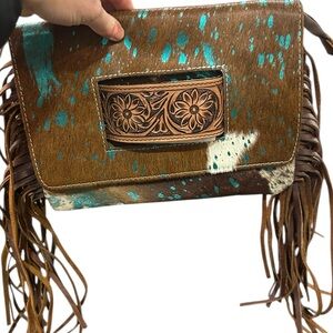 American Darling Brown and Turquoise Fringe Cowhide Clutch